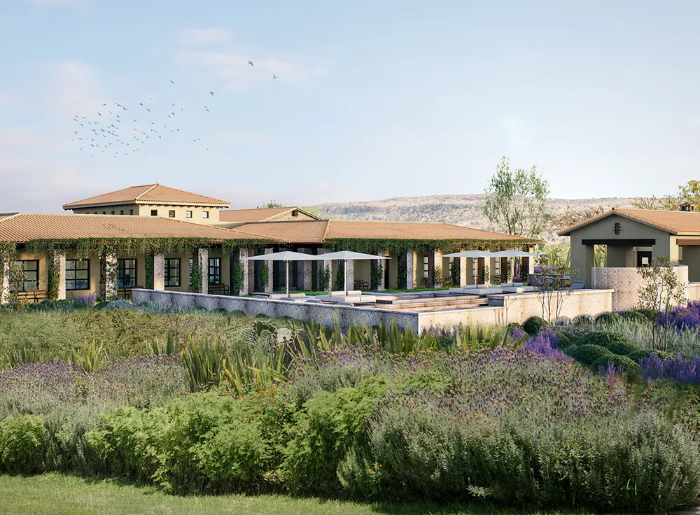 Rendering of the Wellness Center's exterior among lavender.