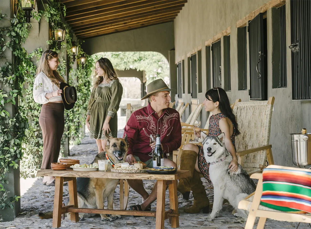 Guests around a table under the stable portal, a husky beside them.